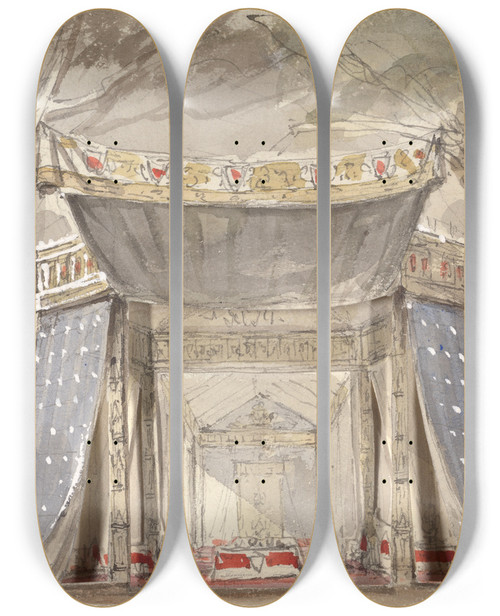 Triptych art skateboard deck of Thomas Grieve Design For Loves Labours Lost by Thomas Grieve