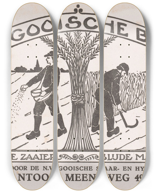 Triptych art skateboard deck of Reinier Willem Petrus De Vries Zaaiende En Oogstende Boer by Reinier Willem Petrus De Vries (1874-1952)