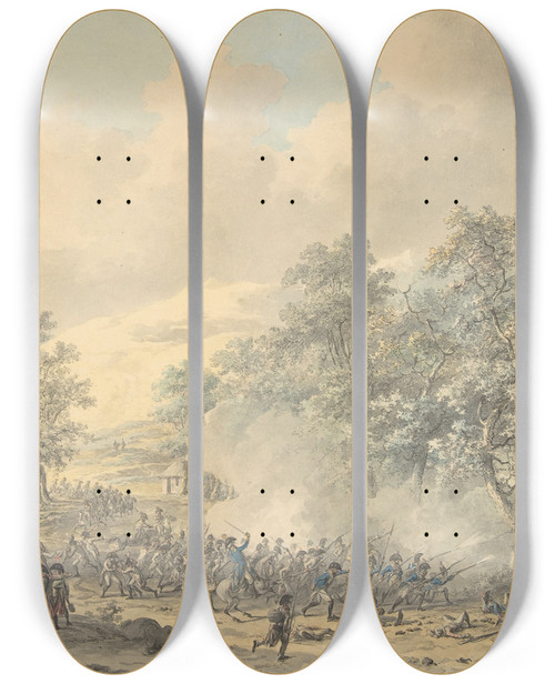 Triptych art skateboard deck of Dirk Langendijk Battle Scene With Church At Right by Dirk Langendijk (1748-1805)