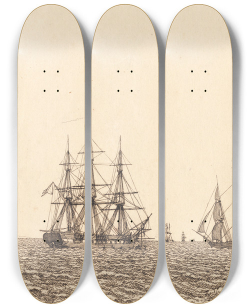 Triptych art skateboard deck of Christoffer Wilhelm Eckersberg En Fregat Ligger For Anker Illustration Til Linearperspectiven Tavle Ixb by Christoffer Wilhelm Eckersberg (1783-1853)