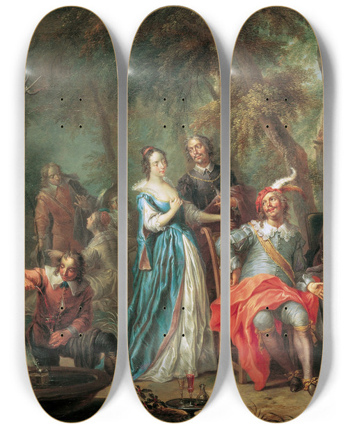 Triptych art skateboard deck of Franz Christoph Janneck Unterhaltung Im Freien Mit Wein Und Gesang by Franz Christoph Janneck (1703-1761)