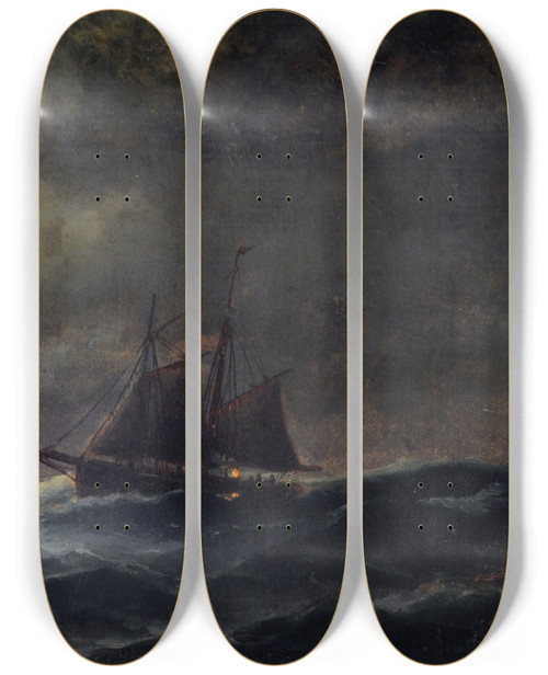 Triptych art skateboard deck of Eduardo De Martino Cutter Offshore by Eduardo de Martino (1838-1912)