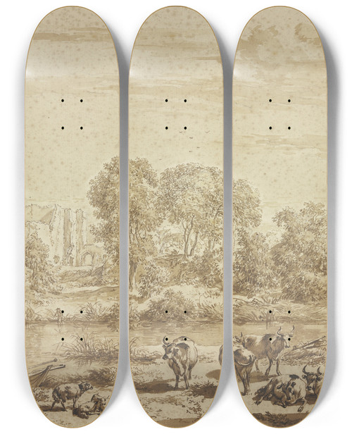 Triptych art skateboard deck of Nicolaes Pietersz Berchem Thuys Te Brederode Vorn Eine Kuhherde Mit Einer Melkerin by Nicolaes Pietersz Berchem (1620-1683)