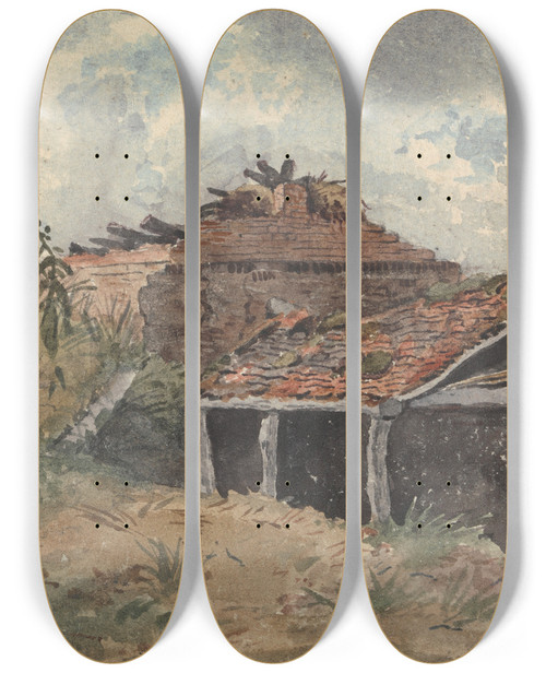 Triptych art skateboard deck of David Charles Read Landscape With Two Figures Beside An Old Building by David Charles Read (7901)