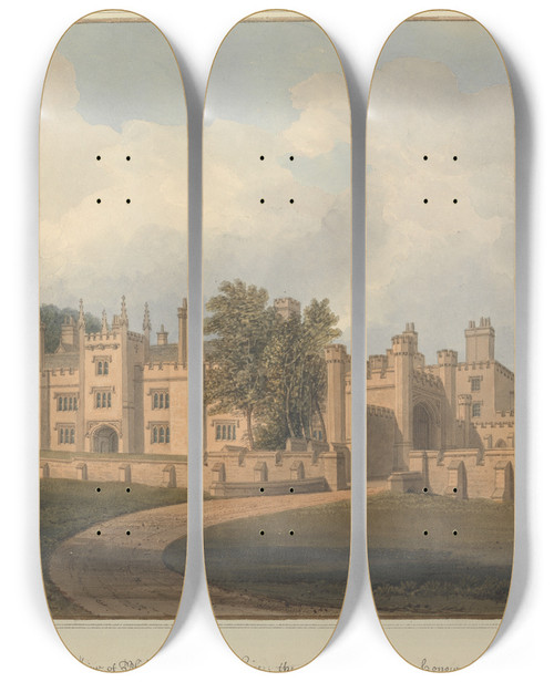 Triptych art skateboard deck of John Buckler South East View Of Blithfield Staffordshire The Seat Of The Right Honourable Lord Bagot by John Buckler (1770-1851)