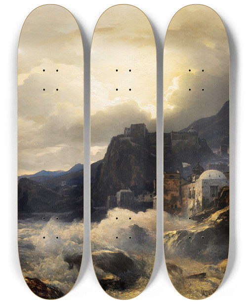Triptych art skateboard deck of Andreas Achenbach Abendstimmung An Der Griechischen Kste by Andreas Achenbach (1815-1910)
