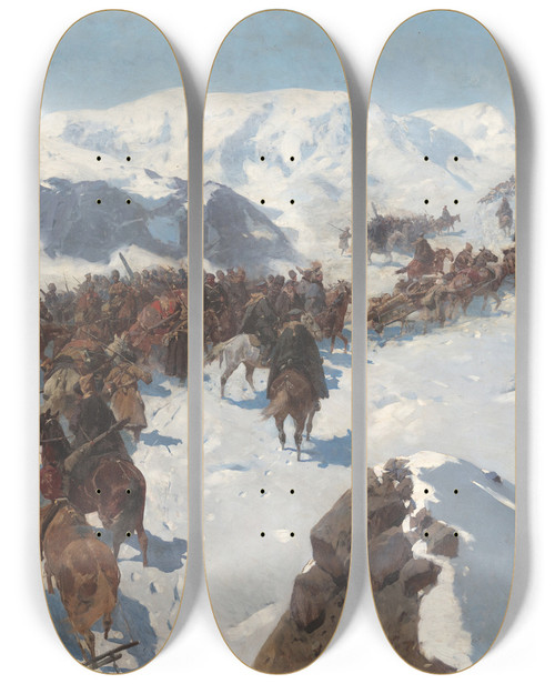 Triptych art skateboard deck of Franz Roubaud Crossing By Argutinsky Through The Snowy Mountains Of The Caucasus In 1853 by Franz Roubaud (1856-1928)
