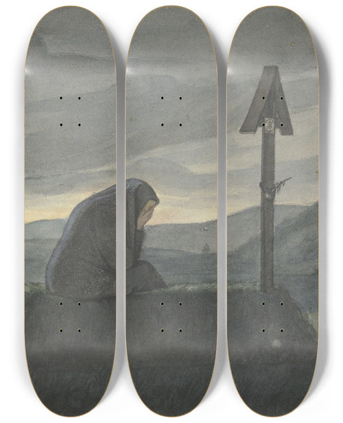 Triptych art skateboard deck of Karl Sandhaas Witwe Mit Ihren Kindern Am Grabe Des Mannes by Karl Sandhaas (1801-1859)