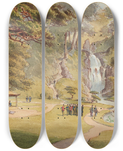 Triptych art skateboard deck of Nicholas Chevalier The Mikados Palace Gardens Yedo by Nicholas Chevalier (1828-1902)