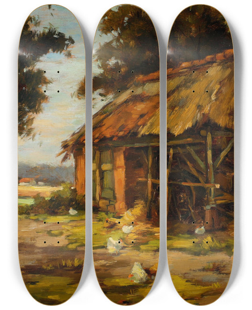 Triptych art skateboard deck of Karl Ludwig Prinz Hhne Vor Einer Scheune by Karl Ludwig Prinz (1875-1944)