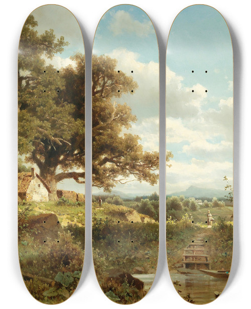Triptych art skateboard deck of Adolf Chwala Motiv Bei Dachau by Adolf Chwala (1836-1900)
