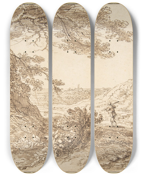 Triptych art skateboard deck of Gillis Neyts Landscape With Old Trees And Figures by Gillis Neyts (1618-1678)