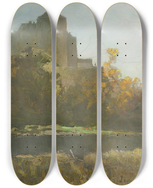 Triptych art skateboard deck of Oskar Mulley The Kufstein Fortress In Twilight by Oskar Mulley (1891-1949)