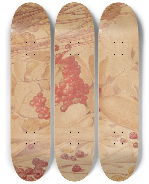 Triptych art skateboard deck of Richard Dadd Still Life With Gooseberries Raspberries Red Currants Spring Onions A Gherkin And Foliage by Richard Dadd (1817-1886)