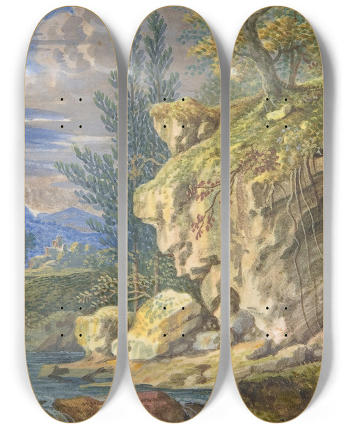 Triptych art skateboard deck of Felix Meyer Landscape With Tobias And The Angel by Felix Meyer (1653-1713)