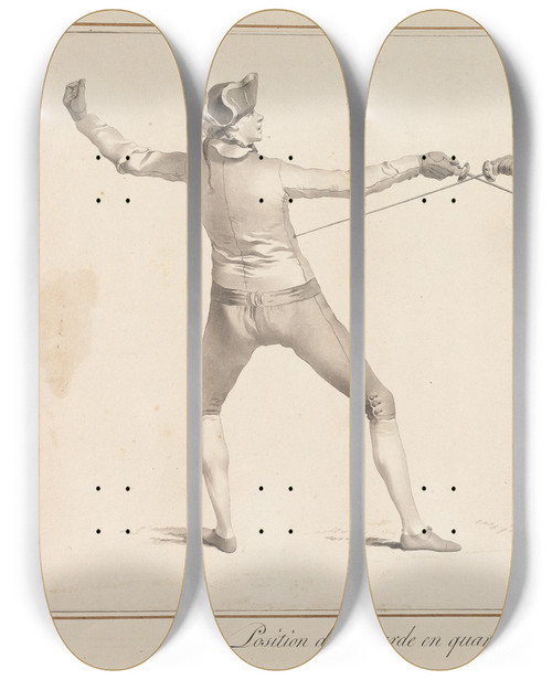 Triptych art skateboard deck of James Gwin Position De La Garde En Quarte Et Le Coup De Flanconnade by James Gwin (1720-1769)