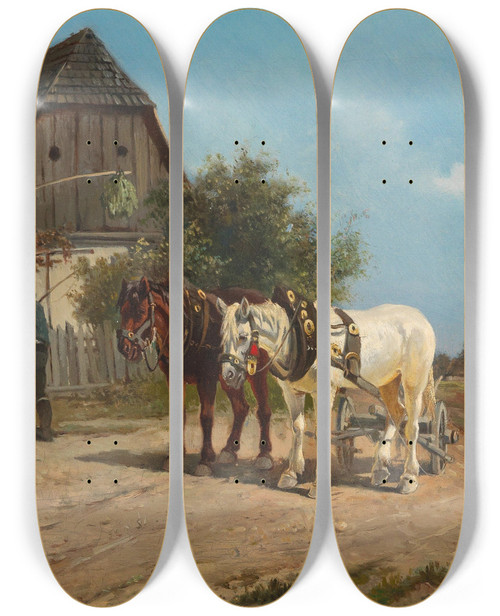Triptych art skateboard deck of Ignaz Ellminger Besuch Beim Heurigen by Ignaz Ellminger (1843-1894)