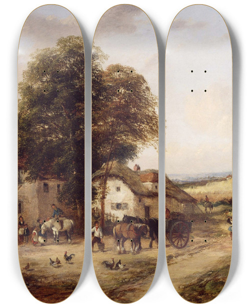 Triptych art skateboard deck of Georgina Lara A Farmyard With Figures Horses by Georgina Lara (1862-1871)
