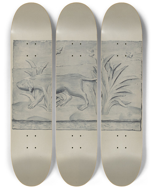 Triptych art skateboard deck of Flora Merchant Relief Panel Of Dog by Flora Merchant