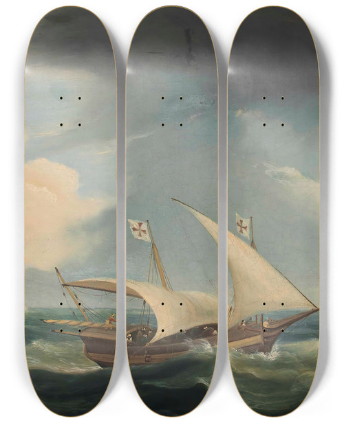 Triptych art skateboard deck of Thomas Luny A British Warship And A Maltese Xebec In The Straits Of Gibraltar by Thomas Luny (1759-1837)