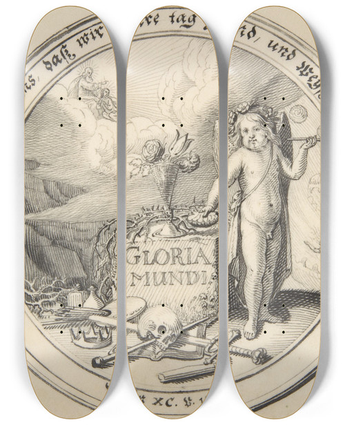 Triptych art skateboard deck of Conrad Meyer Allegory Of The Transience Of Life by Conrad Meyer (1618-1689)