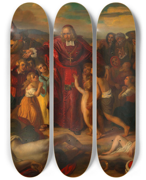 Triptych art skateboard deck of Carl Rahl Leopold Graf Kollonitsch Fhrt Nach Der Belagerung Wiens Im Jahr 1683 Die Kinder Der Ermordeten Christlichen Gefangenen Aus Dem Verlassenen Trkischen Lager by Carl Rahl (1812-1865)