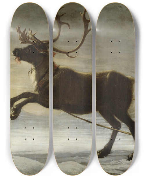 Triptych art skateboard deck of David Klcker Ehrenstrahl Reindeer With A Sledge by David Klocker Ehrenstrahl (1628-1698)