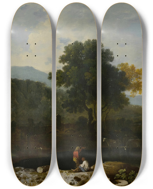 Triptych art skateboard deck of Richard Wilson An Italian River Scene With The Temple Of Clitumnus And Ruins Two Figures And Cows by Richard Wilson (1714-1782)