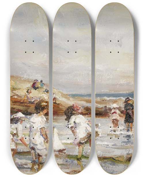 Triptych art skateboard deck of Paul Michel Dupuy Wading In The Water by Paul Michel Dupuy (1869-1949)