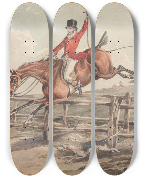 Triptych art skateboard deck of Henry Thomas Alken Doing The Thing And The Thing Done Doing The Thing Well Giving Dribblers The Go Bye by Henry Thomas Alken (1785-1851)