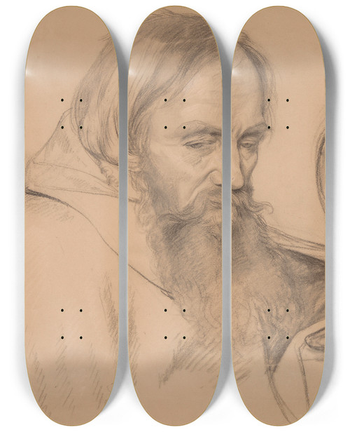 Triptych art skateboard deck of Jzef Simmler Study Of Monk Bust And Visor by Jozef Simmler (1823-1868)