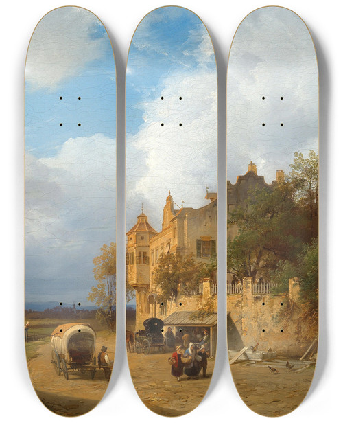 Triptych art skateboard deck of Ignaz Raffalt Resting In Front Of The Inn by Ignaz Raffalt (1800-1857)