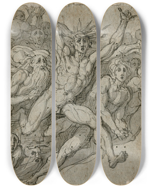 Triptych art skateboard deck of David Humbert De Superville Ontzetting Groep Aansnellende Angstige Figuren by David Humbert De Superville (1770-1849)