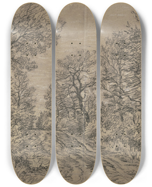 Triptych art skateboard deck of Jakob Maurer Waldpartie Mit Einem Fahrweg by Jakob Maurer (1826-1887)
