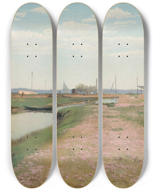 Triptych art skateboard deck of Laurits Andersen Ring The River And The Harbour At Frederiksvrk by Laurits Andersen Ring (1854-1933)