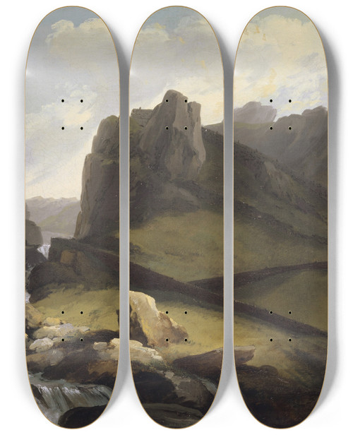 Triptych art skateboard deck of Caspar Wolf The Old And The New Gotthard Road Above Hospental by Caspar Wolf (1735-1783)