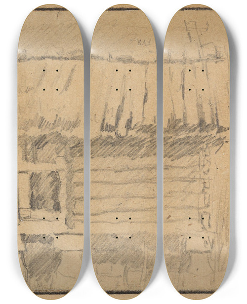 Triptych art skateboard deck of Gustav Wentzel Stabbur Gol In Hallingdal by Gustav Wentzel (1859-1927)