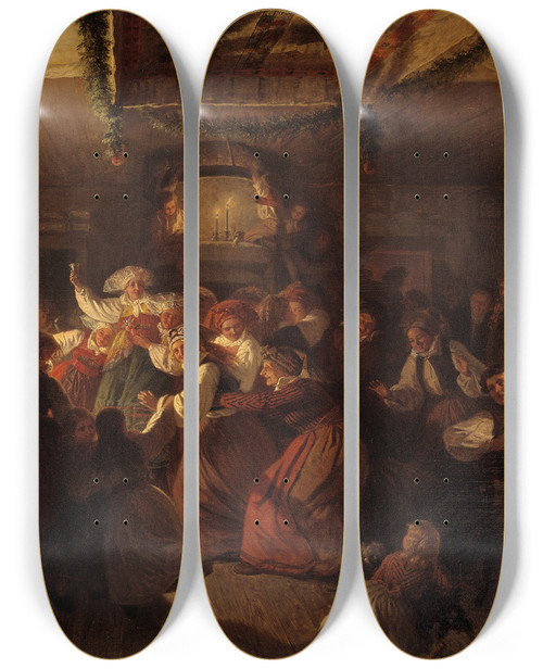 Triptych art skateboard deck of Wilhelm Wallander A Wedding Party From Vingker by Wilhelm Wallander (1821-1888)