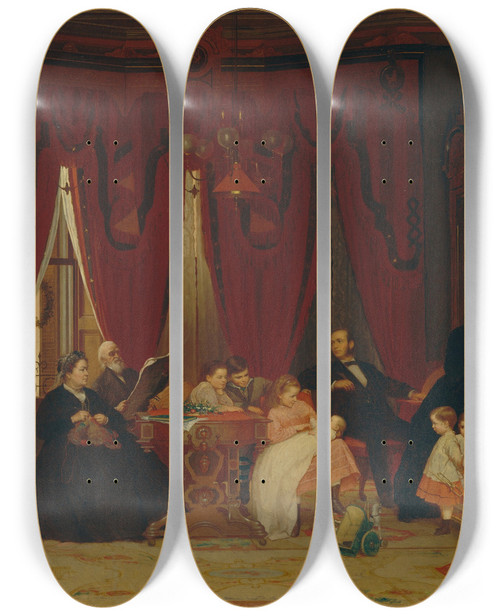 Triptych art skateboard deck of Eastman Johnson The Hatch Family by Eastman Johnson (1824-1906)