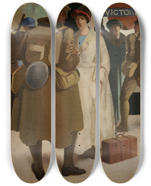 Triptych art skateboard deck of Bernard Meninsky Victoria Station District Railway by Bernard Meninsky (1891-1950)