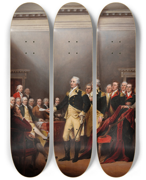 Triptych art skateboard deck of John Trumbull The Resignation Of General Washington December 231783 by John Trumbull (1756-1843)