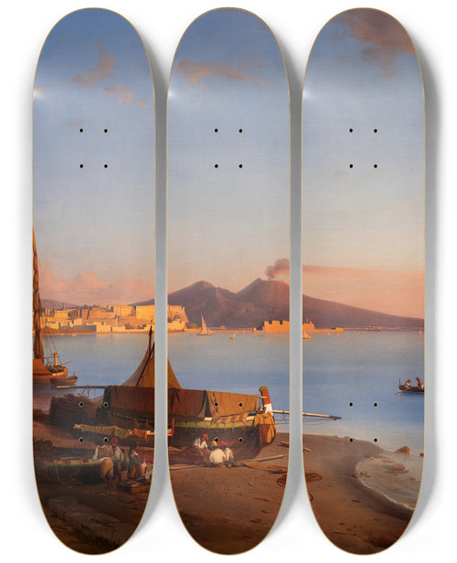 Triptych art skateboard deck of Joseph Magnus Stck View Of Naples With Vesuvius In The Background by Joseph Magnus Stack (1812-1868)