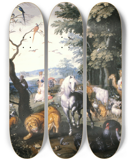 Triptych art skateboard deck of Jan Brueghel The Younger The Animals Entering Noahs Ark by Jan Brueghel the Younger (1601-1678)