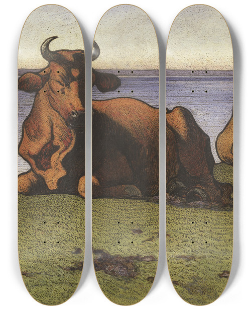 Triptych art skateboard deck of Nils Kreuger Resting Cows Motif From Land by Nils Kreuger (1858-1930)