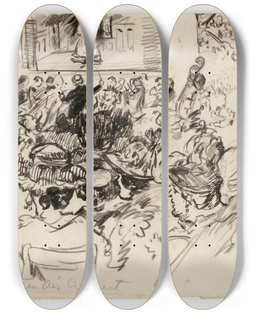 Triptych art skateboard deck of Jerome Myers Untermyer Open Air Concert by Jerome Myers (1867-1940)