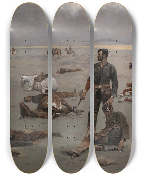 Triptych art skateboard deck of Frederic Remington What An Unbranded Cow Hascost by Frederic Remington (1861-1909)