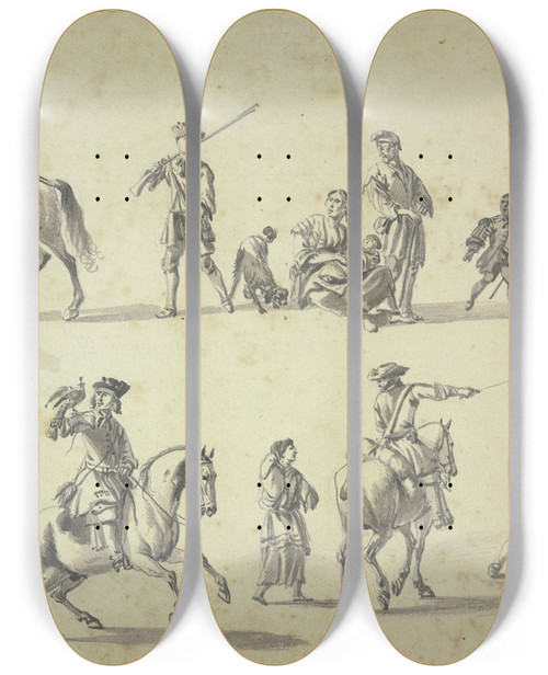 Triptych art skateboard deck of Hendrik Verschuring Studienblatt Figuren Zu Pferde Und Zu Fue Unten Links Ein Berittener Falkner by Hendrik Verschuring (1627-1690)