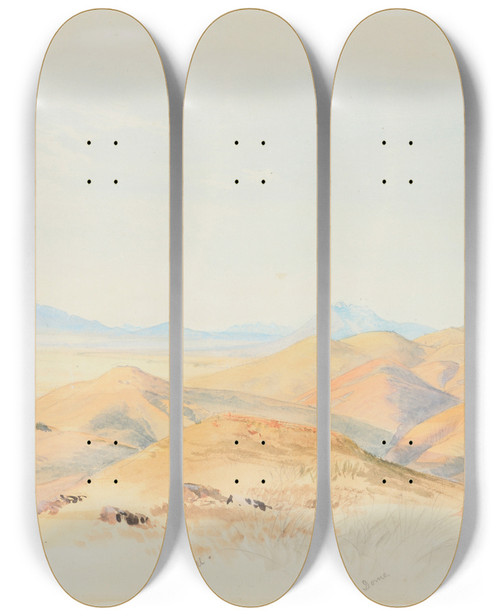 Triptych art skateboard deck of Nicholas Chevalier The Five Rivers Plains And The Course Of River Oreti Southland by Nicholas Chevalier (1828-1902)