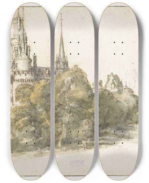 Triptych art skateboard deck of Gillis Neyts Gezicht Op Het Chteau Dantonius Te Antoine by Gillis Neyts (1618-1678)