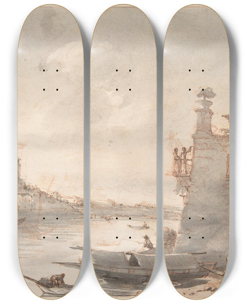 Triptych art skateboard deck of Victorjean Nicolle The Tiber At The Outskirts Of Rome by Victor-Jean Nicolle (1754-1826)